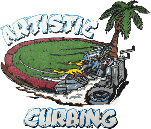 Artistic Curbing logo: a curbing machine pouring a curb around a lawn, with a palm tree