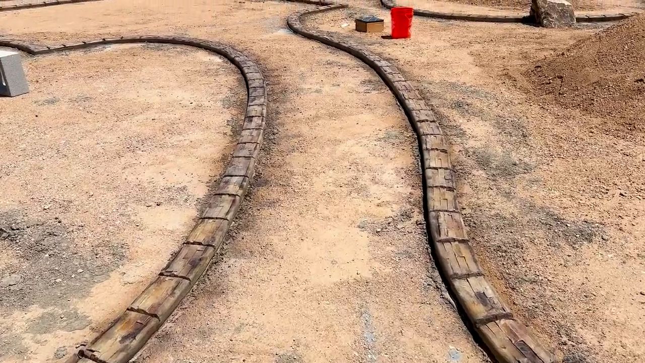 Freshly poured stamped concrete curbs winding through a backyard